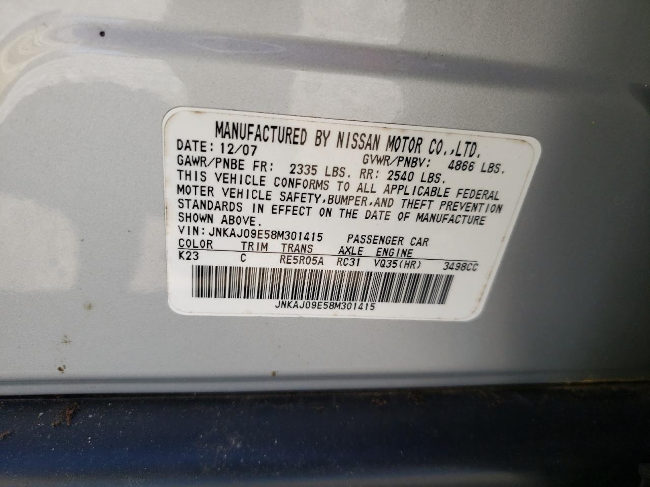 Photo 10 from auction – 2008 INFINITI EX35 BASE with VIN JNKAJ09E58M301415