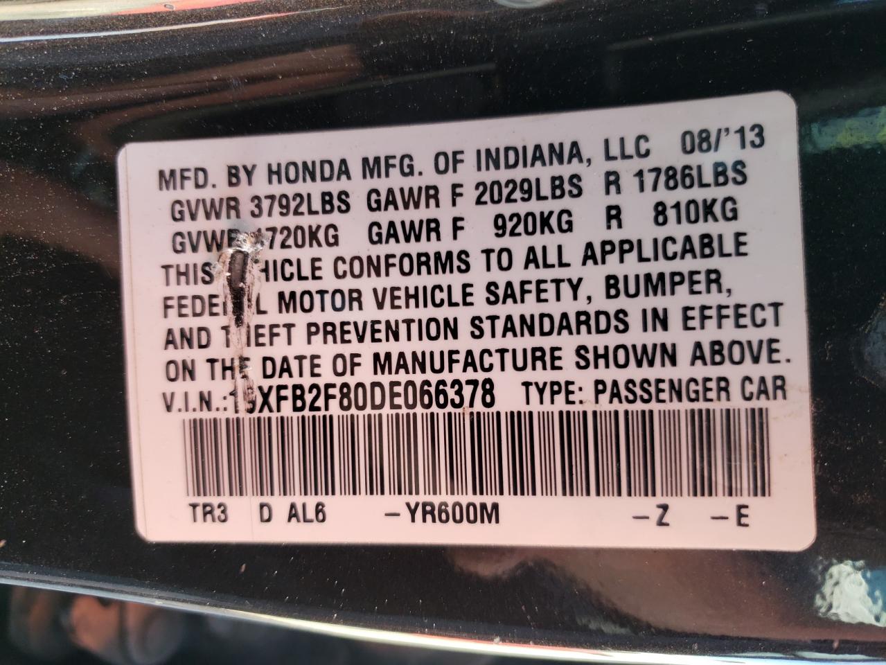 Photo 10 from auction – 2013 HONDA CIVIC EX with VIN 19XFB2F80DE066378