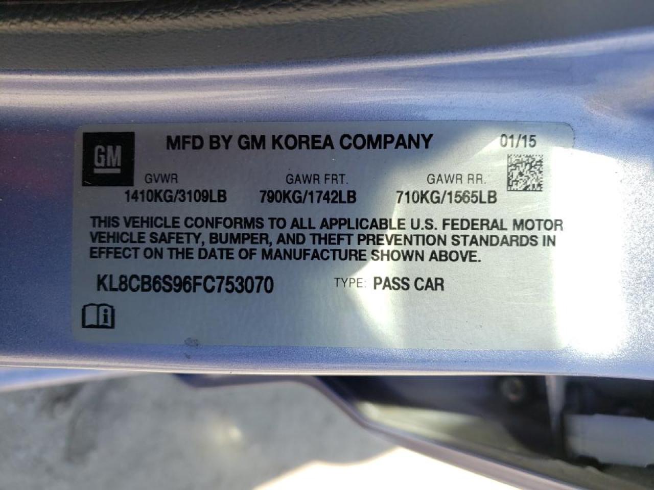 Photo 10 from auction – 2015 CHEVROLET SPARK LS with VIN KL8CB6S96FC753070