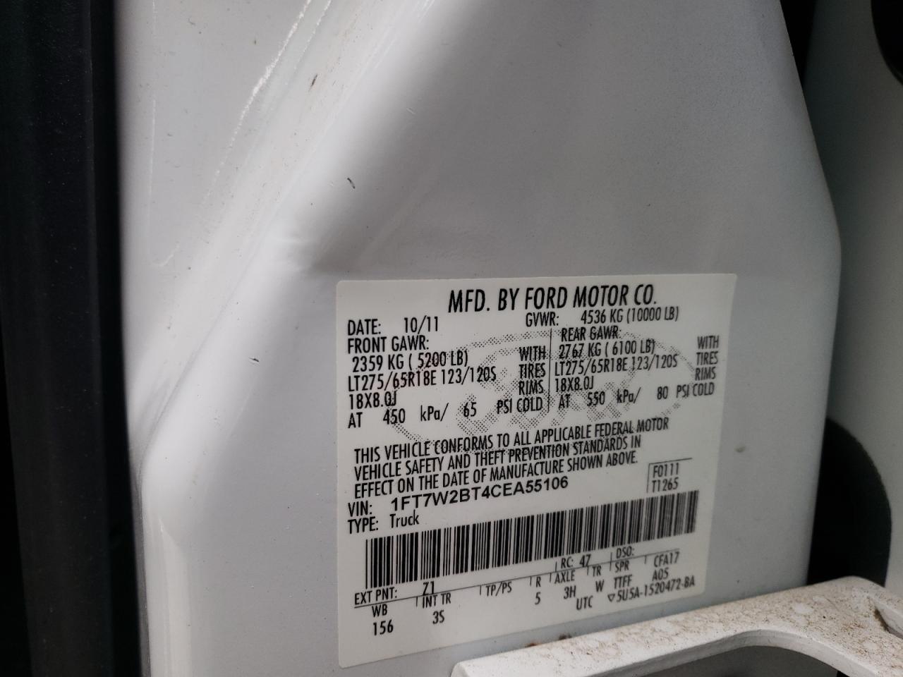 Photo 10 from auction – 2012 FORD F250 SUPER with VIN 1FT7W2BT4CEA55106