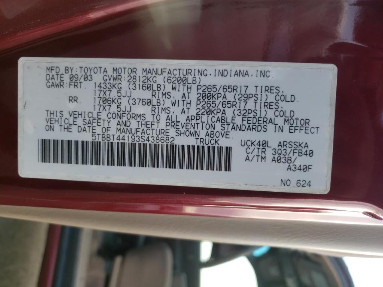 Photo 10 from auction – 2003 TOYOTA TUNDRA ACC with VIN 5TBBT44193S438682