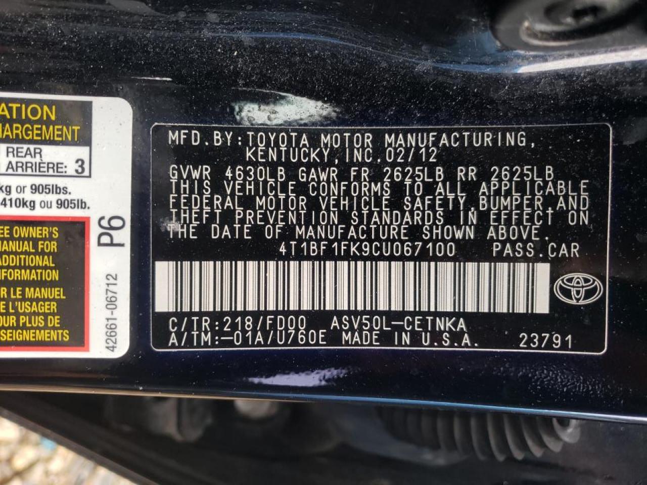 Photo 10 from auction – 2012 TOYOTA CAMRY BASE with VIN 4T1BF1FK9CU067100