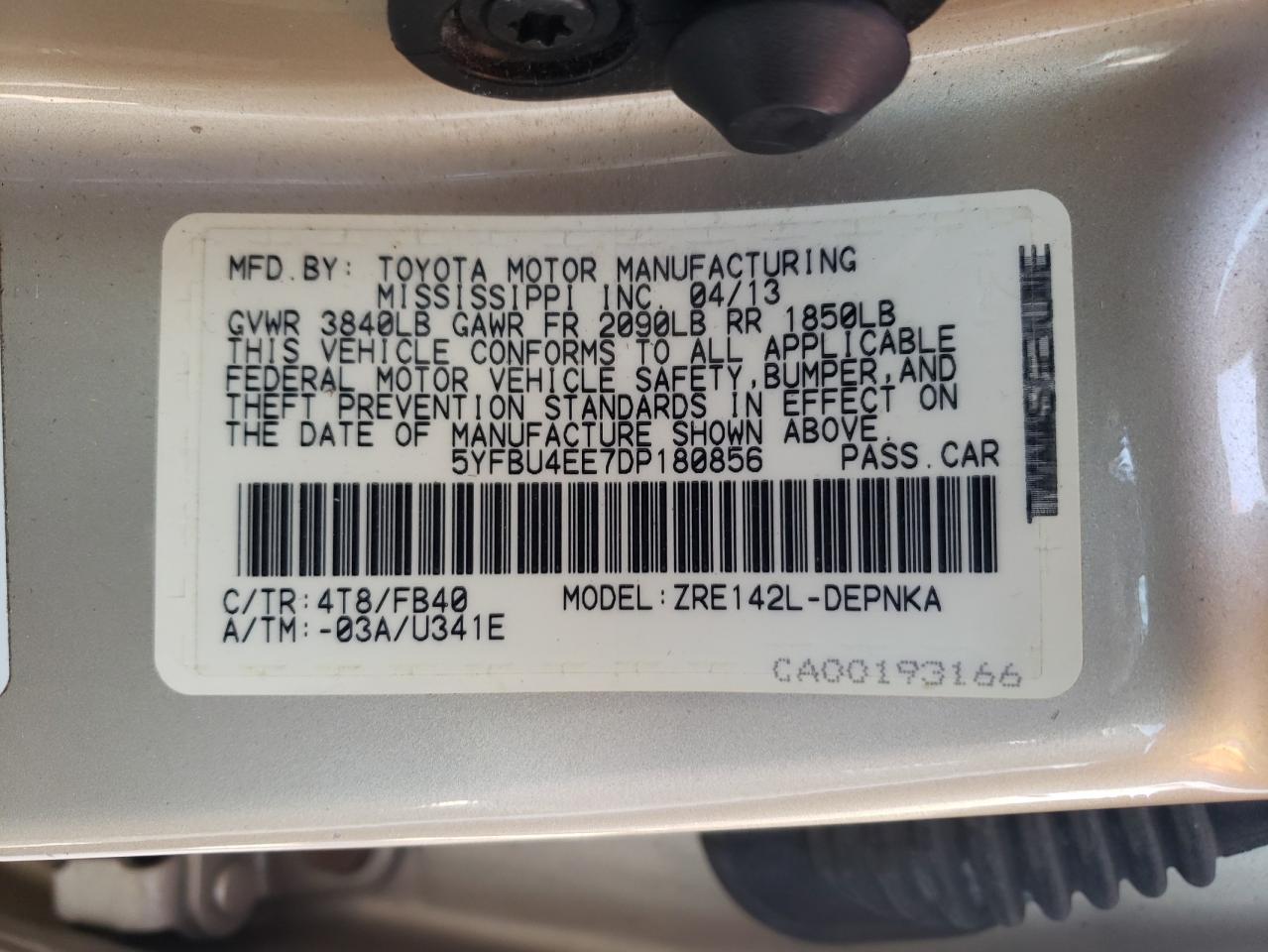 Photo 10 from auction – 2013 TOYOTA COROLLA with VIN 5YFBU4EE7DP180856