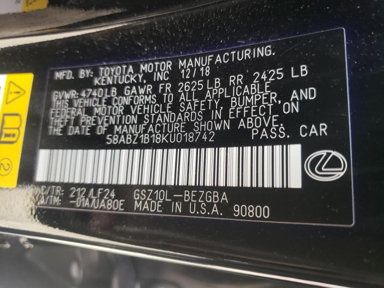 Photo 10 from auction – 2019 LEXUS ES 350 with VIN 58ABZ1B18KU018742