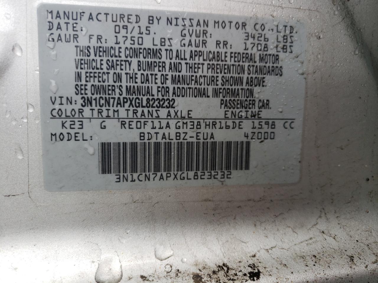 Photo 10 from auction – 2016 NISSAN VERSA S with VIN 3N1CN7APXGL823232
