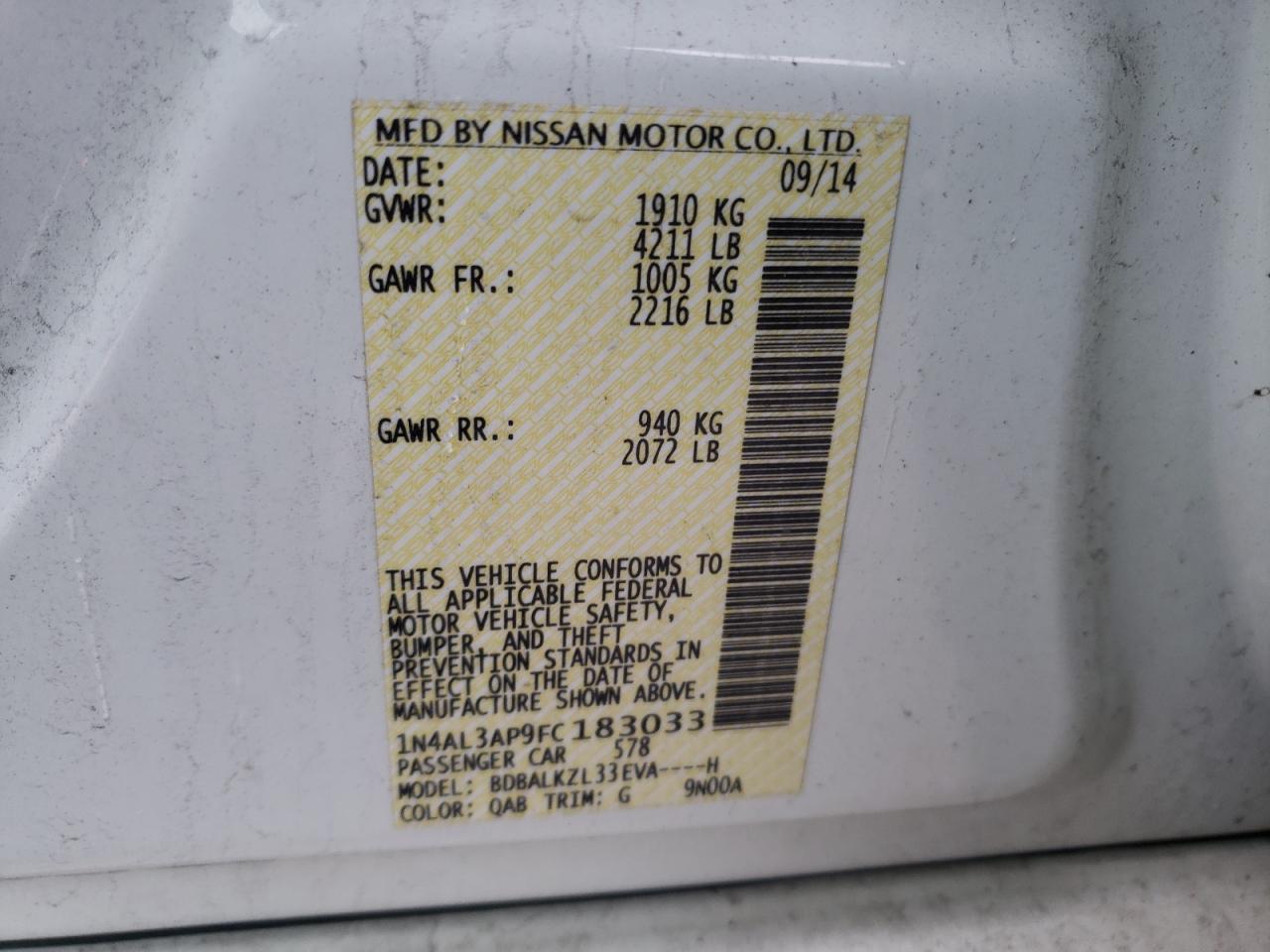 Photo 10 from auction – 2015 NISSAN ALTIMA 2.5 with VIN 1N4AL3AP9FC183033