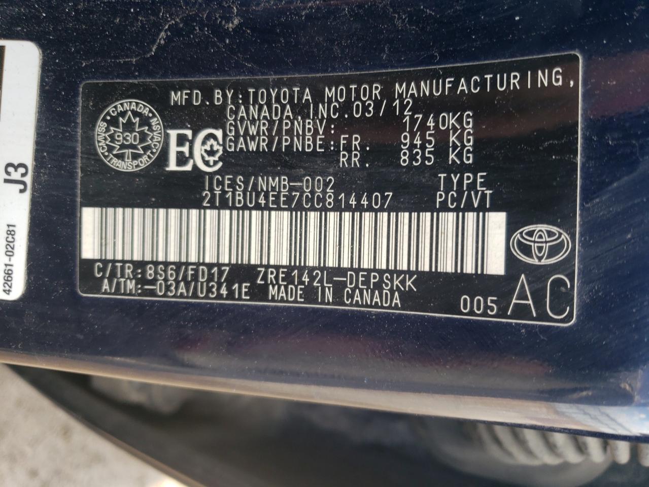 Photo 10 from auction – 2012 TOYOTA COROLLA BA with VIN 2T1BU4EE7CC814407
