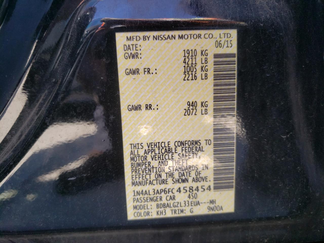 Photo 10 from auction – 2015 NISSAN ALTIMA 2.5 with VIN 1N4AL3AP6FC458454