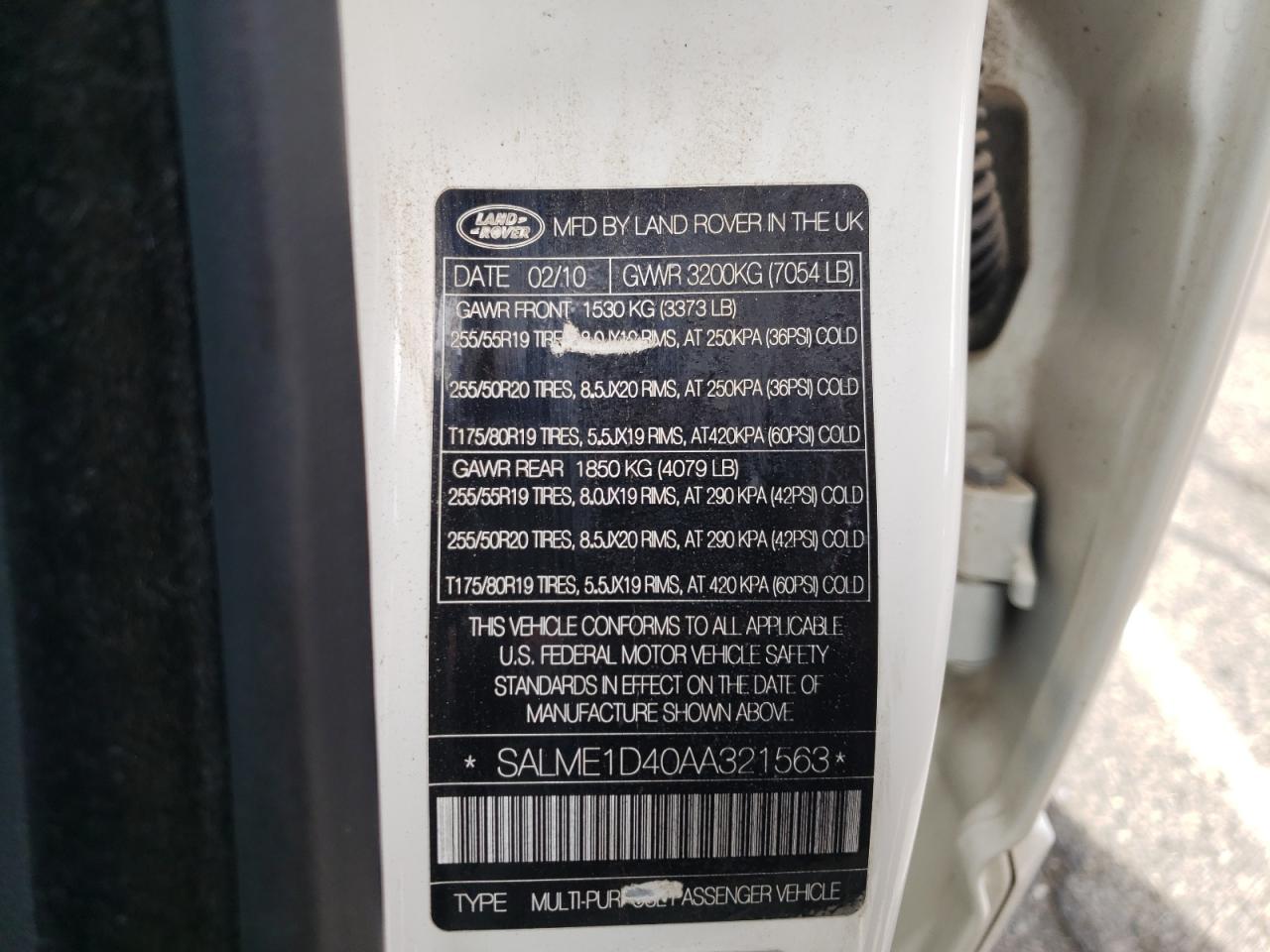 Photo 10 from auction – 2010 LAND ROVER RANGE ROVE with VIN SALME1D40AA321563