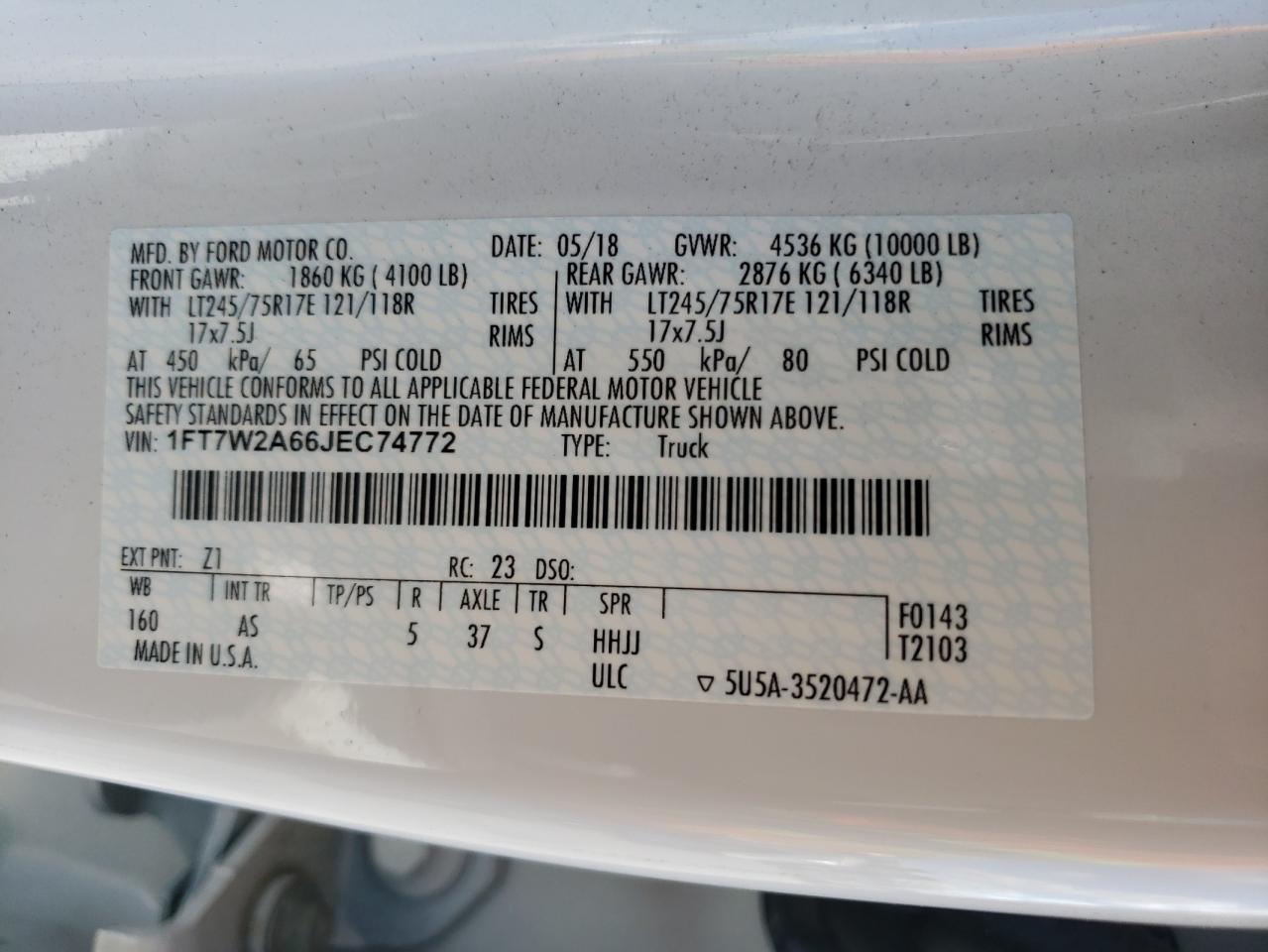 Photo 10 from auction – 2018 FORD F250 SUPER with VIN 1FT7W2A66JEC74772