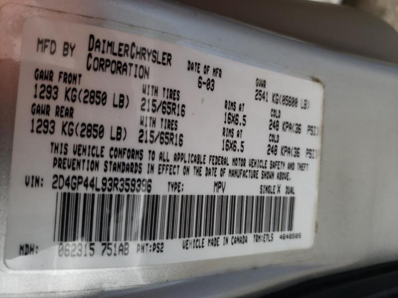 Фото 10 с аукциона – 2003 DODGE GRAND CARA с VIN 2D4GP44L93R359396