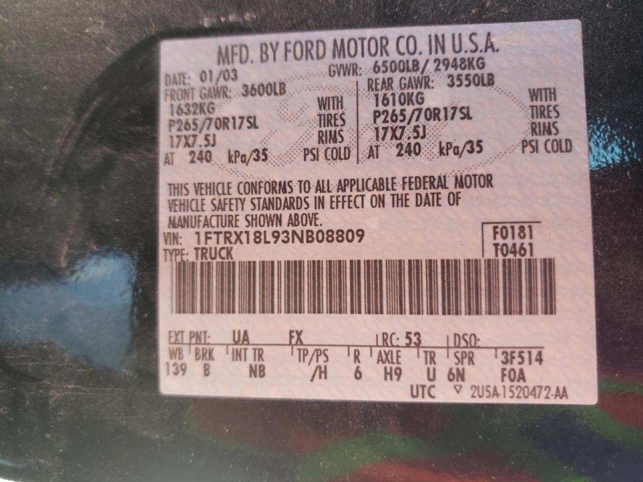 Photo 10 from auction – 2003 FORD F150 with VIN 1FTRX18L93NB08809