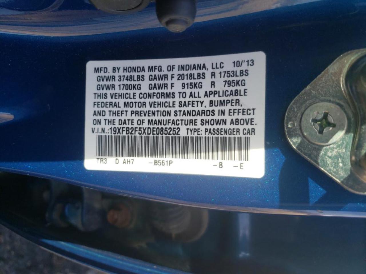 Photo 10 from auction – 2013 HONDA CIVIC LX with VIN 19XFB2F5XDE085252