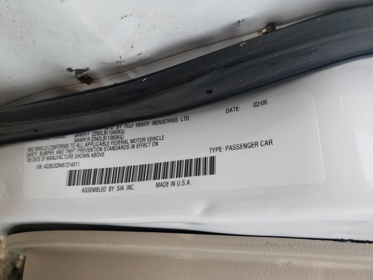 Photo 10 from auction – 2006 SUBARU LEGACY 2.5 with VIN 4S3BL626467214011