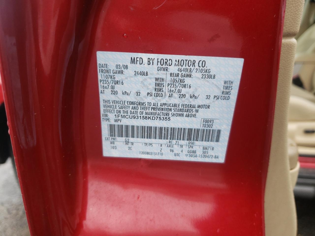 Photo 10 from auction – 2008 FORD ESCAPE XLT with VIN 1FMCU93158KD75355