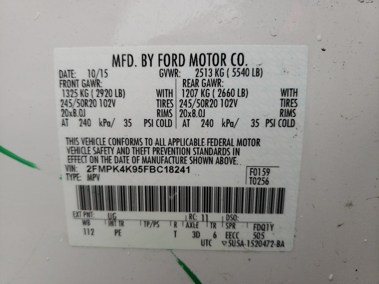 Photo 10 from auction – 2015 FORD EDGE TITAN with VIN 2FMPK4K95FBC18241