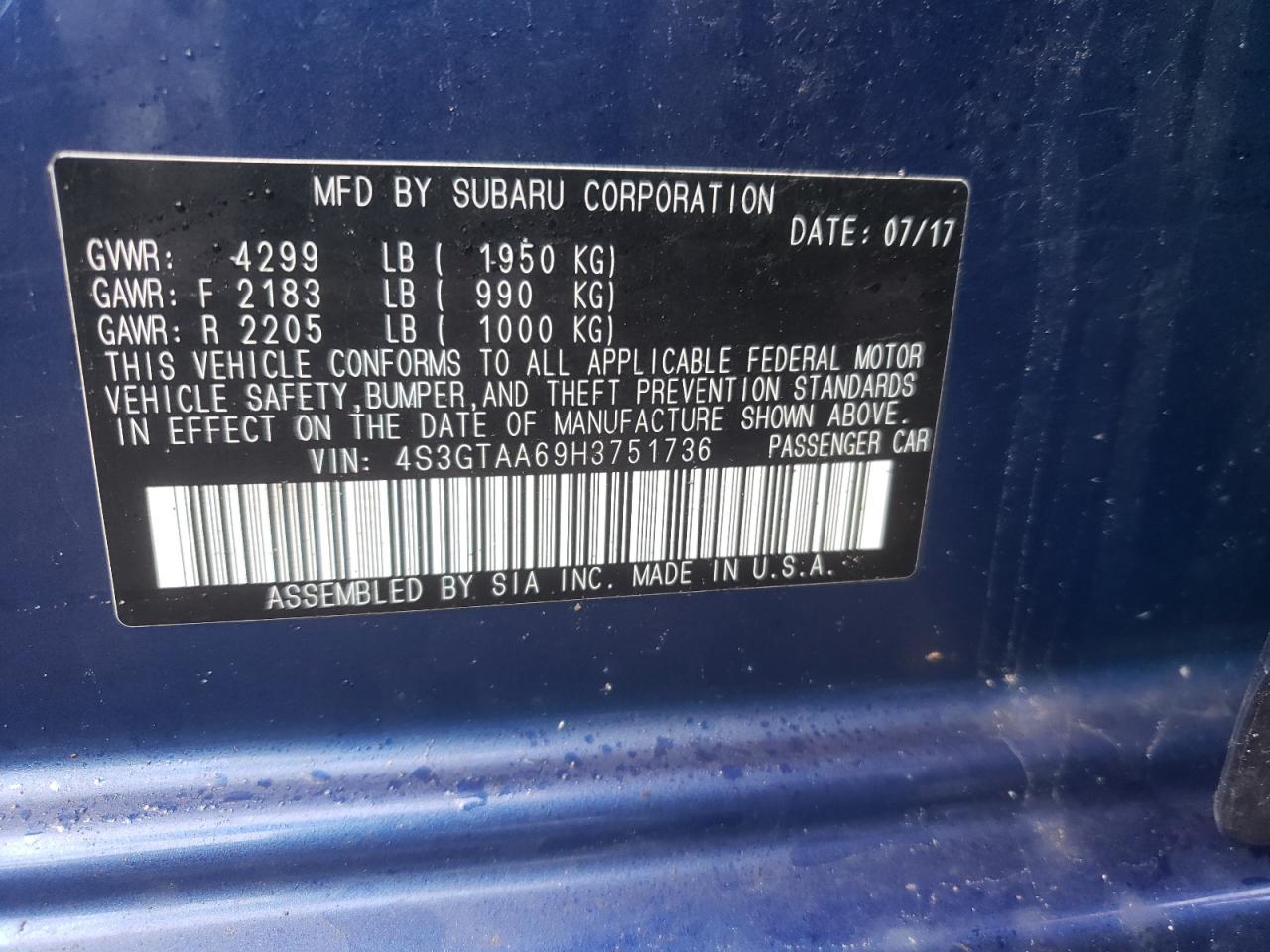 Photo 10 from auction – 2017 SUBARU IMPREZA with VIN 4S3GTAA69H3751736