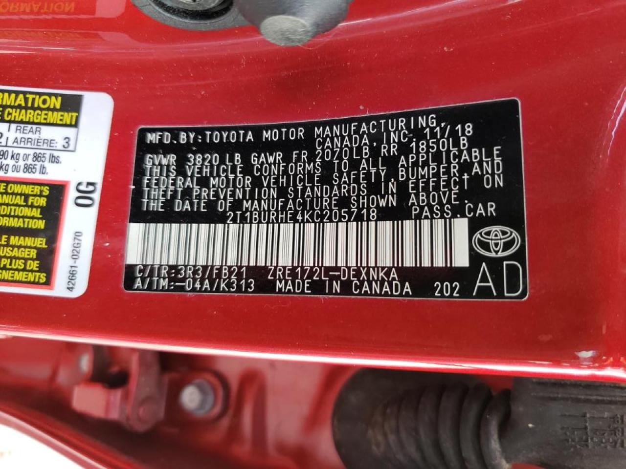 Photo 10 from auction – 2019 TOYOTA COROLLA L with VIN 2T1BURHE4KC205718