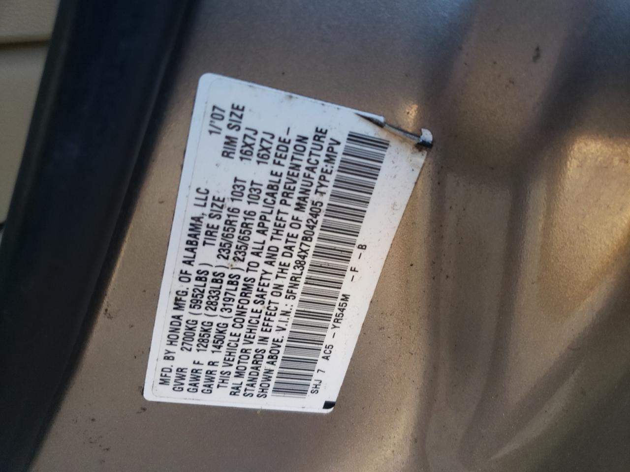 Photo 10 from auction – 2007 HONDA ODYSSEY EX with VIN 5FNRL384X7B042405