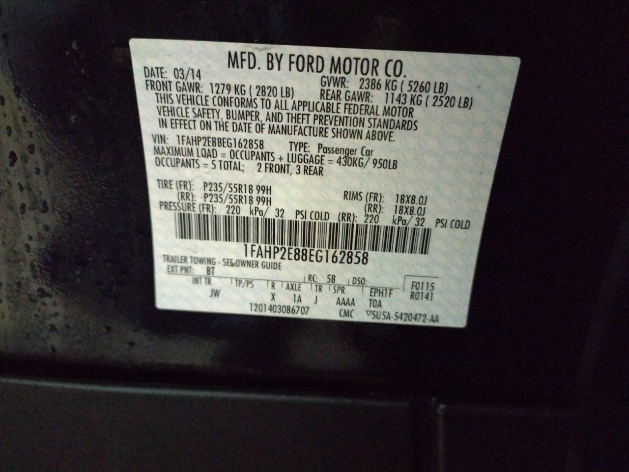 Photo 10 from auction – 2014 FORD TAURUS SEL with VIN 1FAHP2E88EG162858