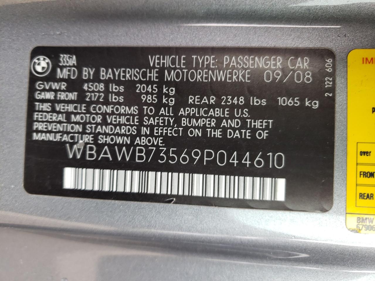Photo 10 from auction – 2009 BMW 335 I with VIN WBAWB73569P044610