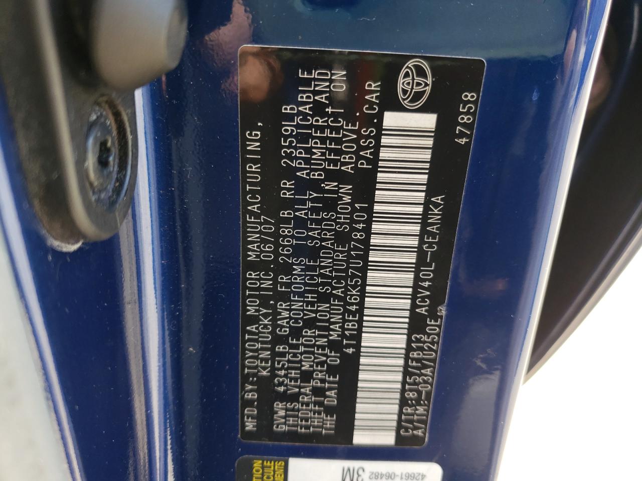 Photo 10 from auction – 2007 TOYOTA CAMRY with VIN 4T1BE46K57U178401