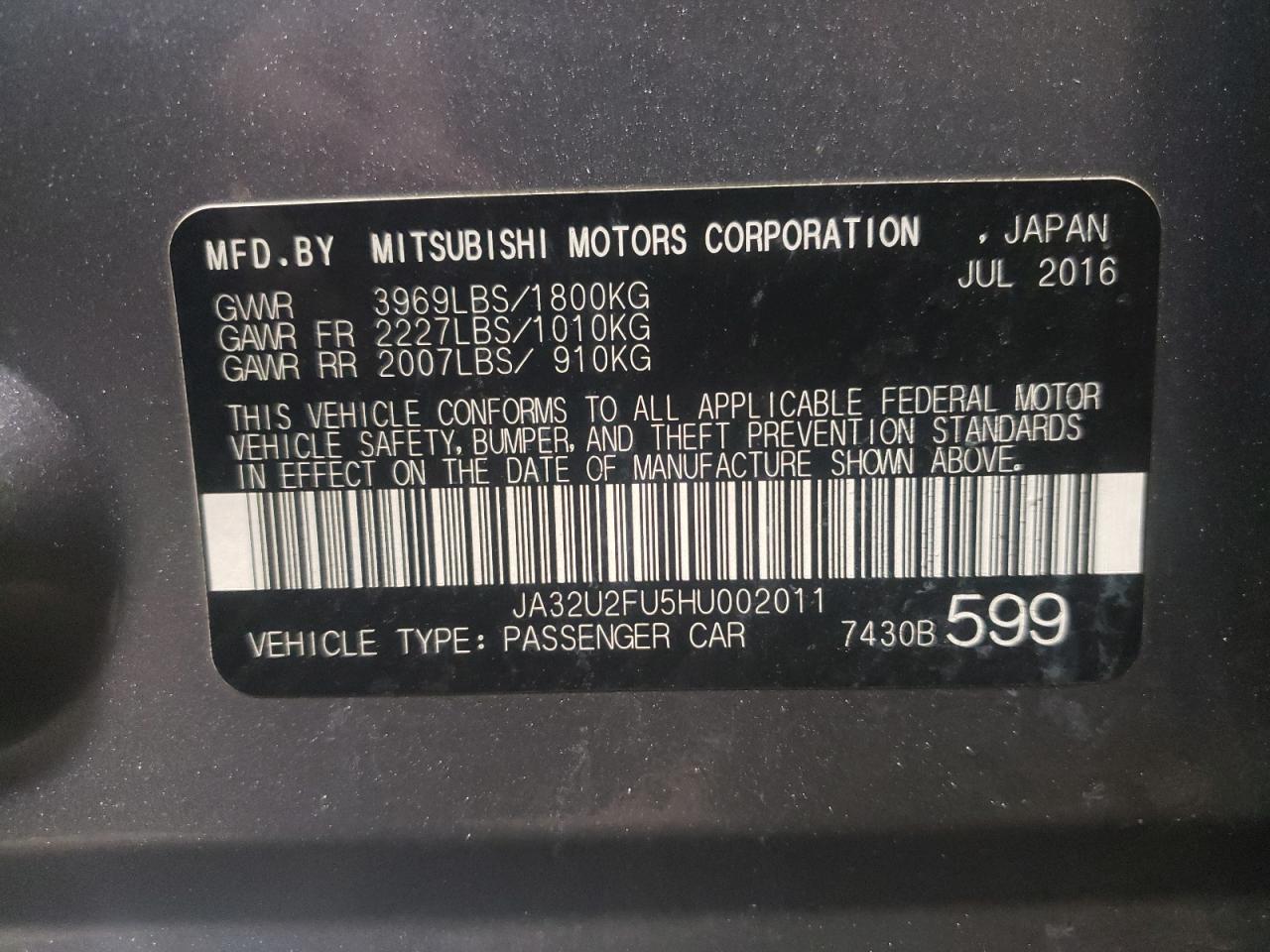 Photo 10 from auction – 2017 MITSUBISHI LANCER ES with VIN JA32U2FU5HU002011