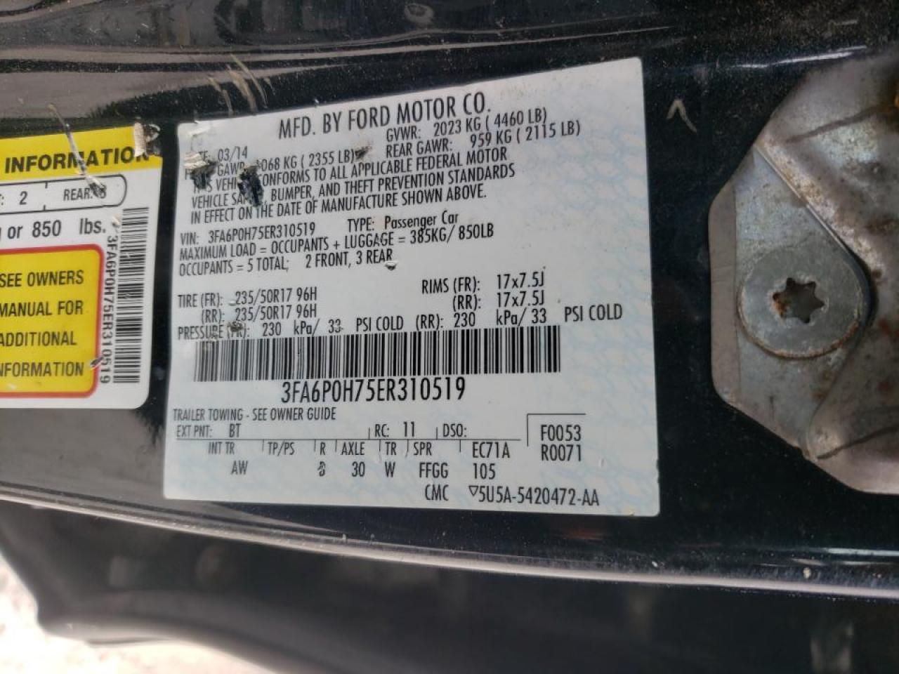 Photo 10 from auction – 2014 FORD FUSION SE with VIN 3FA6P0H75ER310519