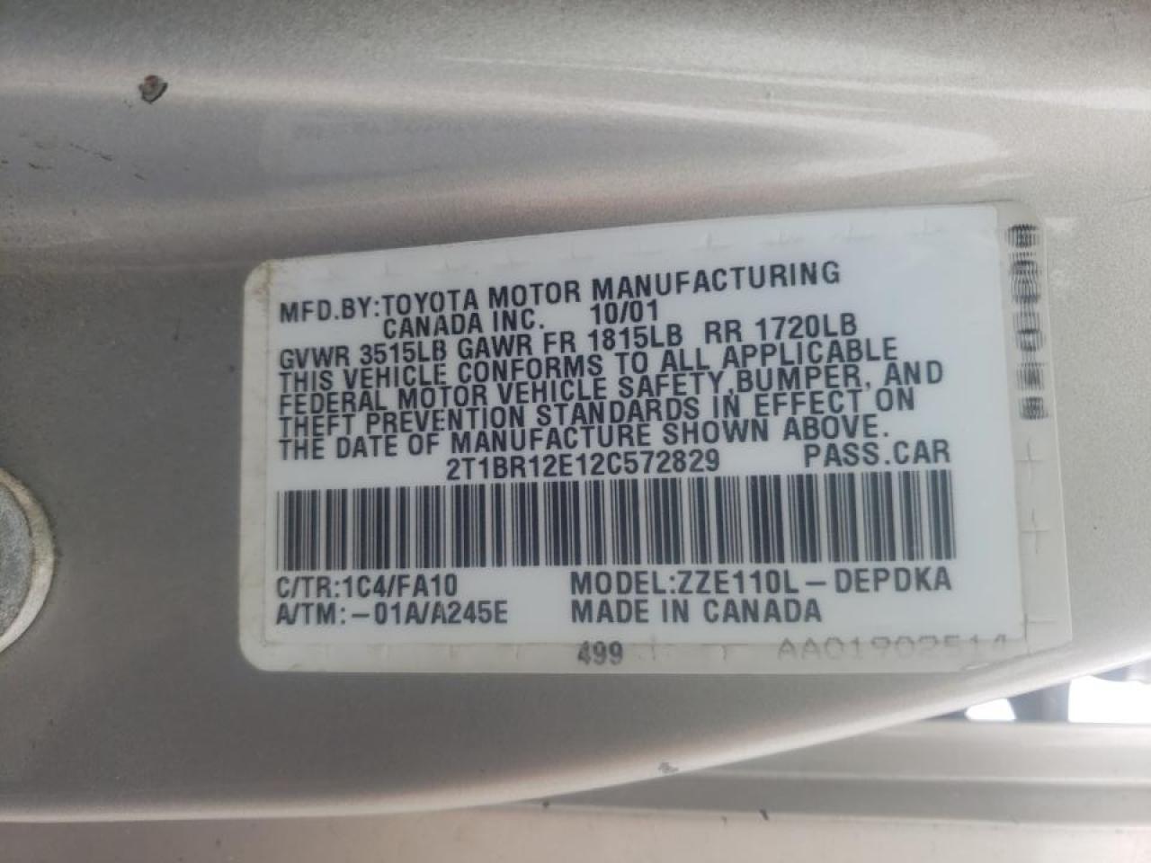 Photo 10 from auction – 2002 TOYOTA COROLLA CE with VIN 2T1BR12E12C572829