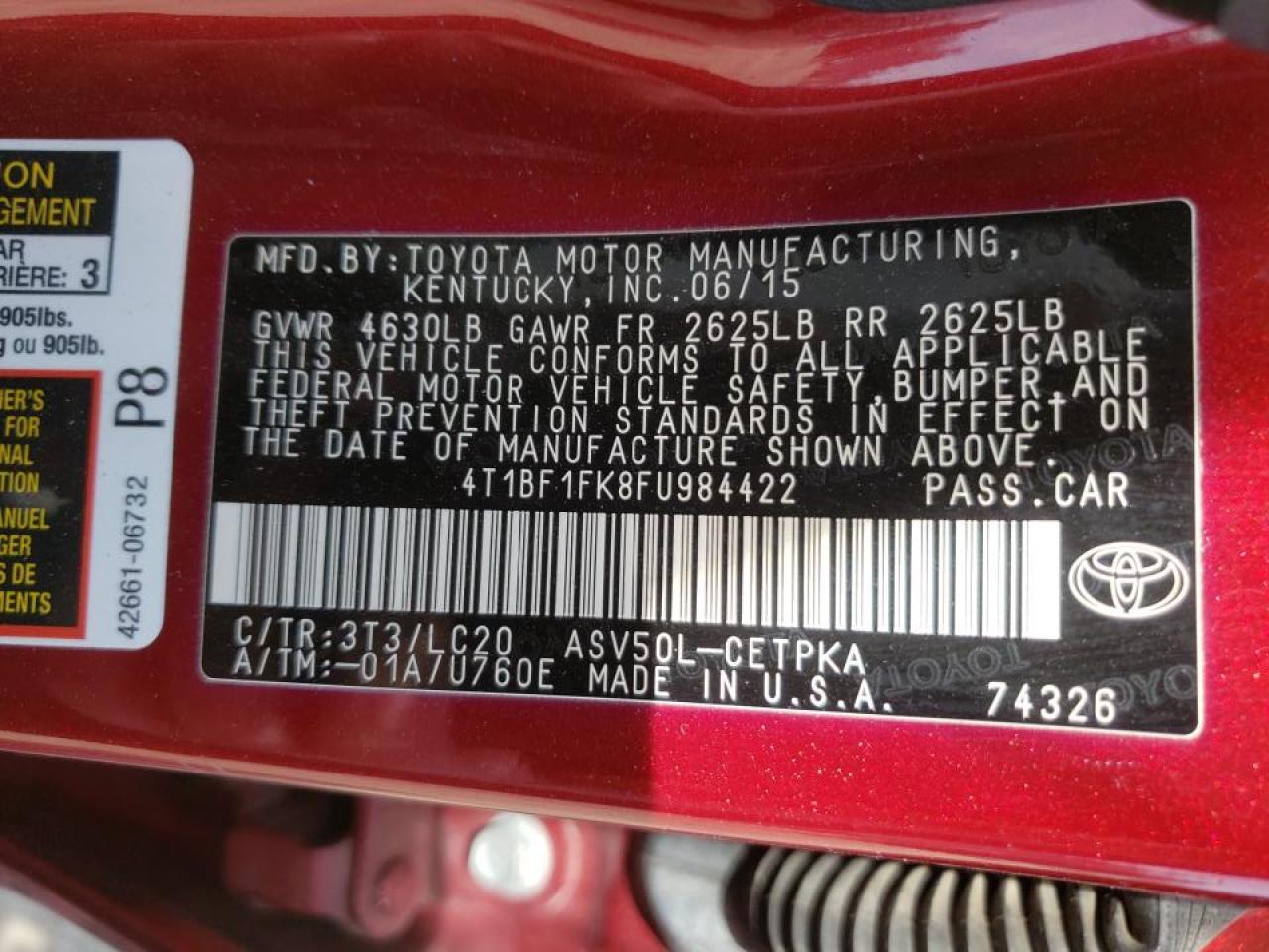 Photo 10 from auction – 2015 TOYOTA CAMRY LE with VIN 4T1BF1FK8FU984422