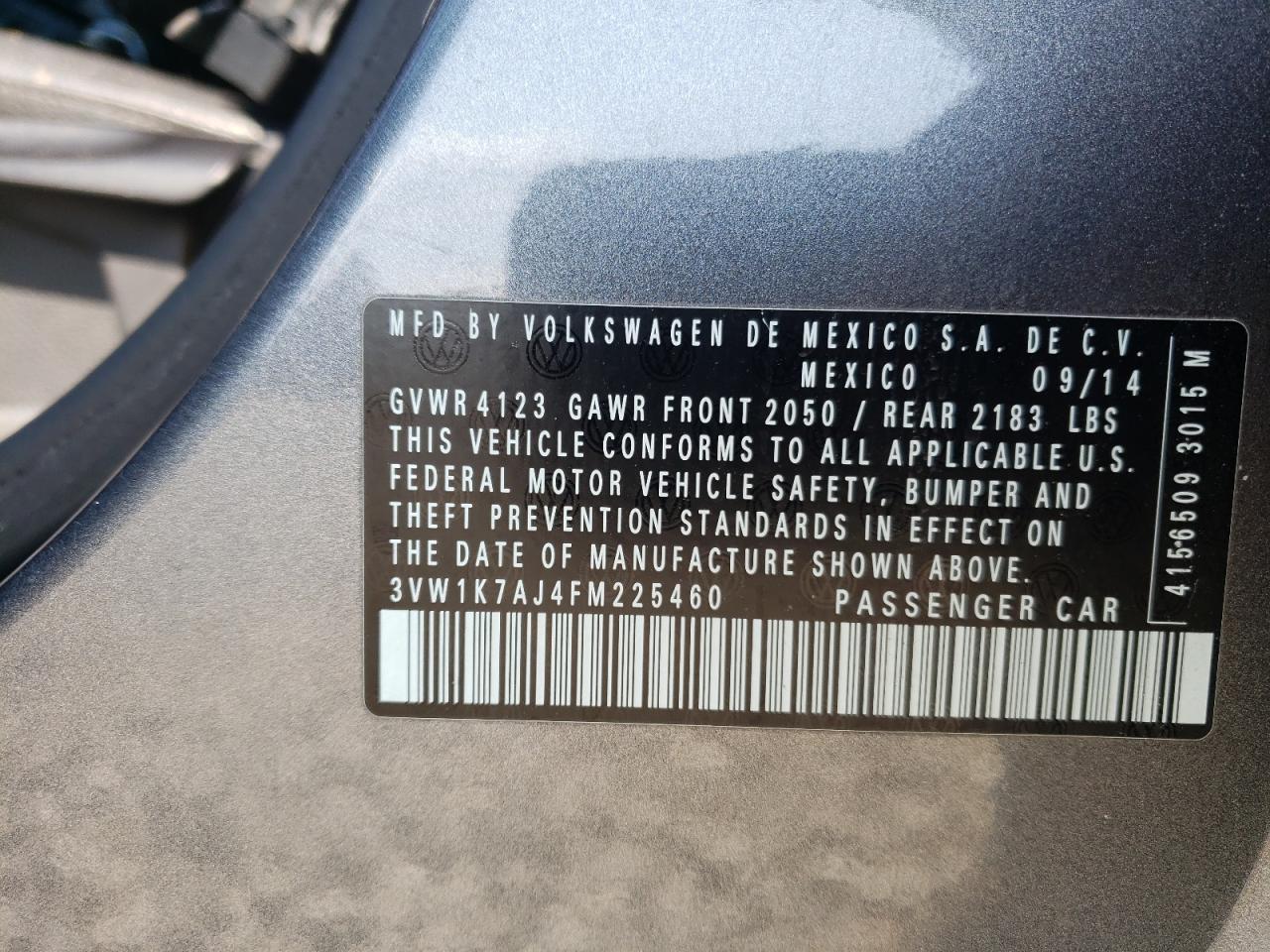 Photo 10 from auction – 2015 VOLKSWAGEN JETTA BASE with VIN 3VW1K7AJ4FM225460