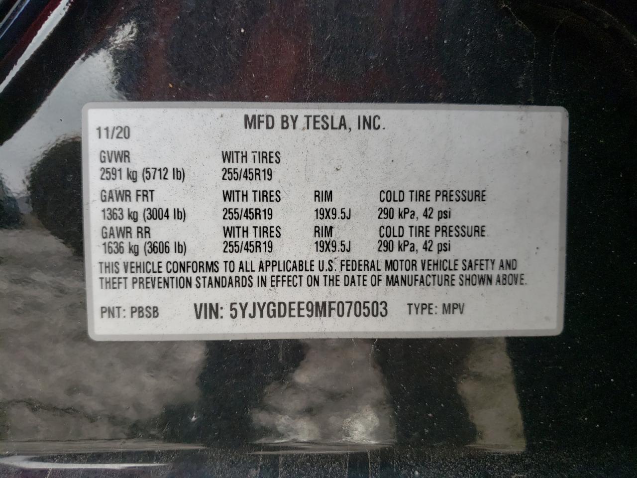Photo 10 from auction – 2021 TESLA MODEL Y with VIN 5YJYGDEE9MF070503