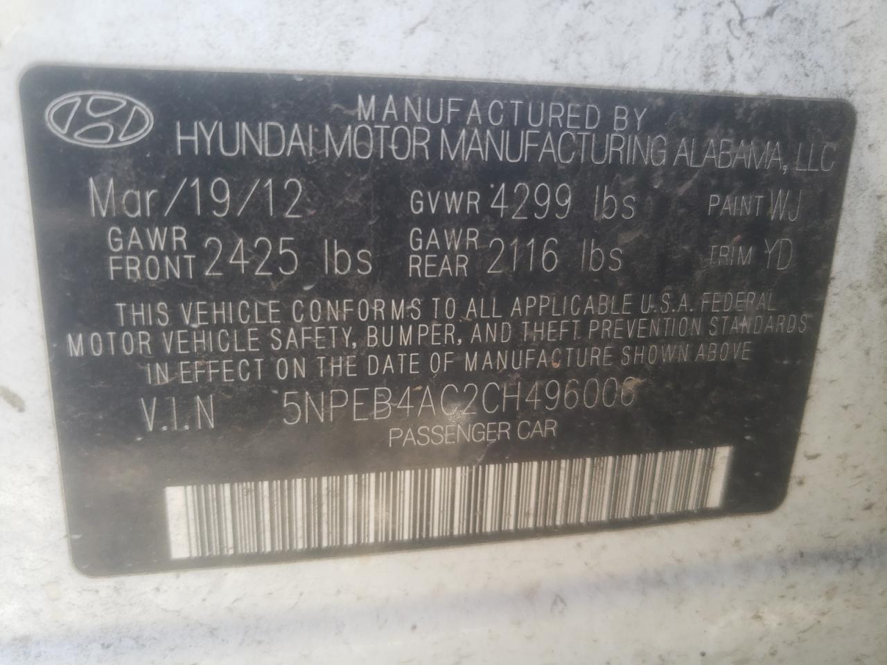Photo 10 from auction – 2012 HYUNDAI SONATA GLS with VIN 5NPEB4AC2CH496006