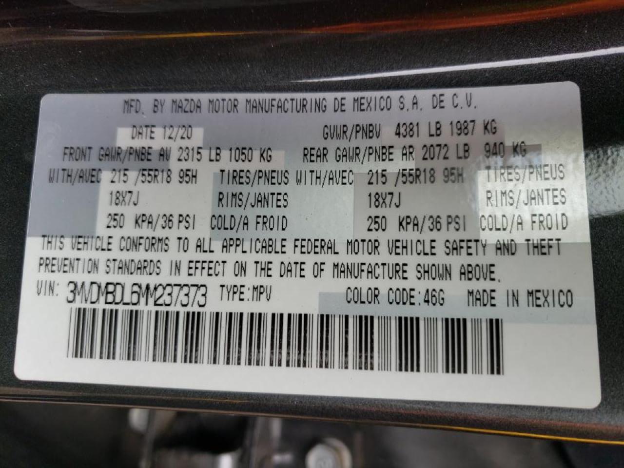 Photo 10 from auction – 2021 MAZDA CX-30 PREM with VIN 3MVDMBDL6MM237373