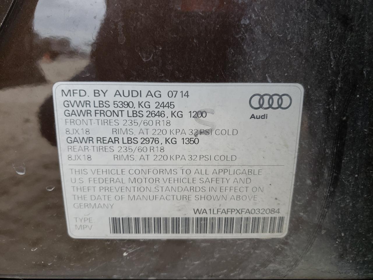 Photo 10 from auction – 2015 AUDI Q5 PREMIUM with VIN WA1LFAFPXFA032084