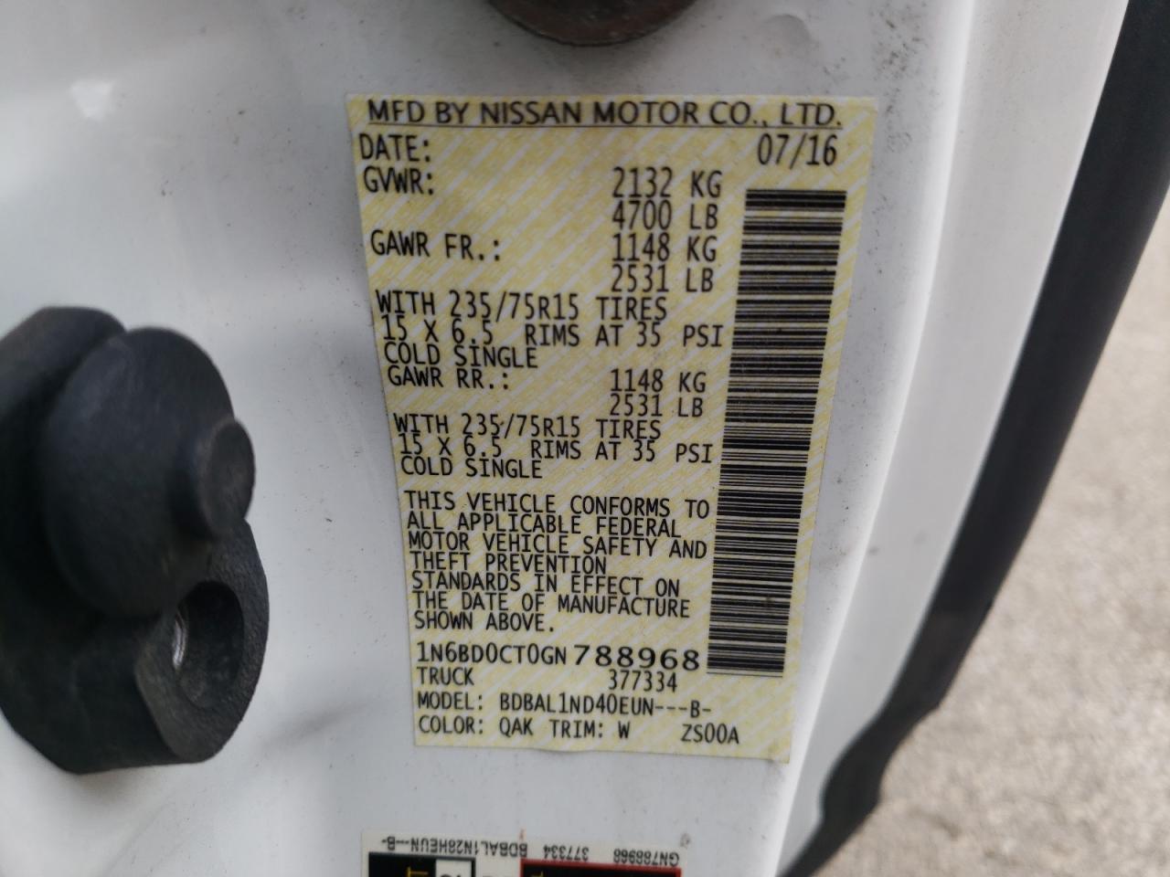 Photo 10 from auction – 2016 NISSAN FRONTIER S with VIN 1N6BD0CT0GN788968