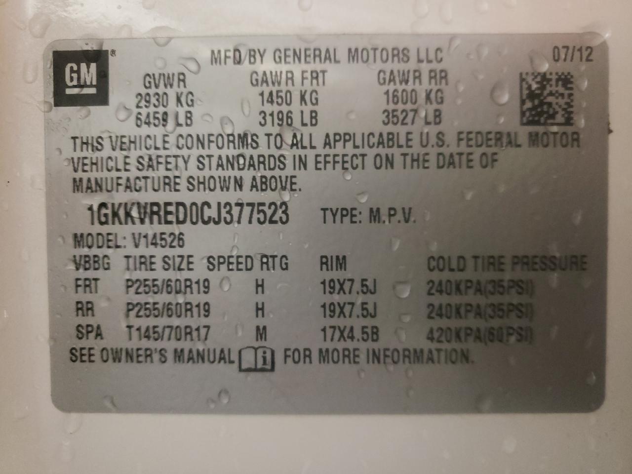 Photo 10 from auction – 2012 GMC ACADIA SLT with VIN 1GKKVRED0CJ377523