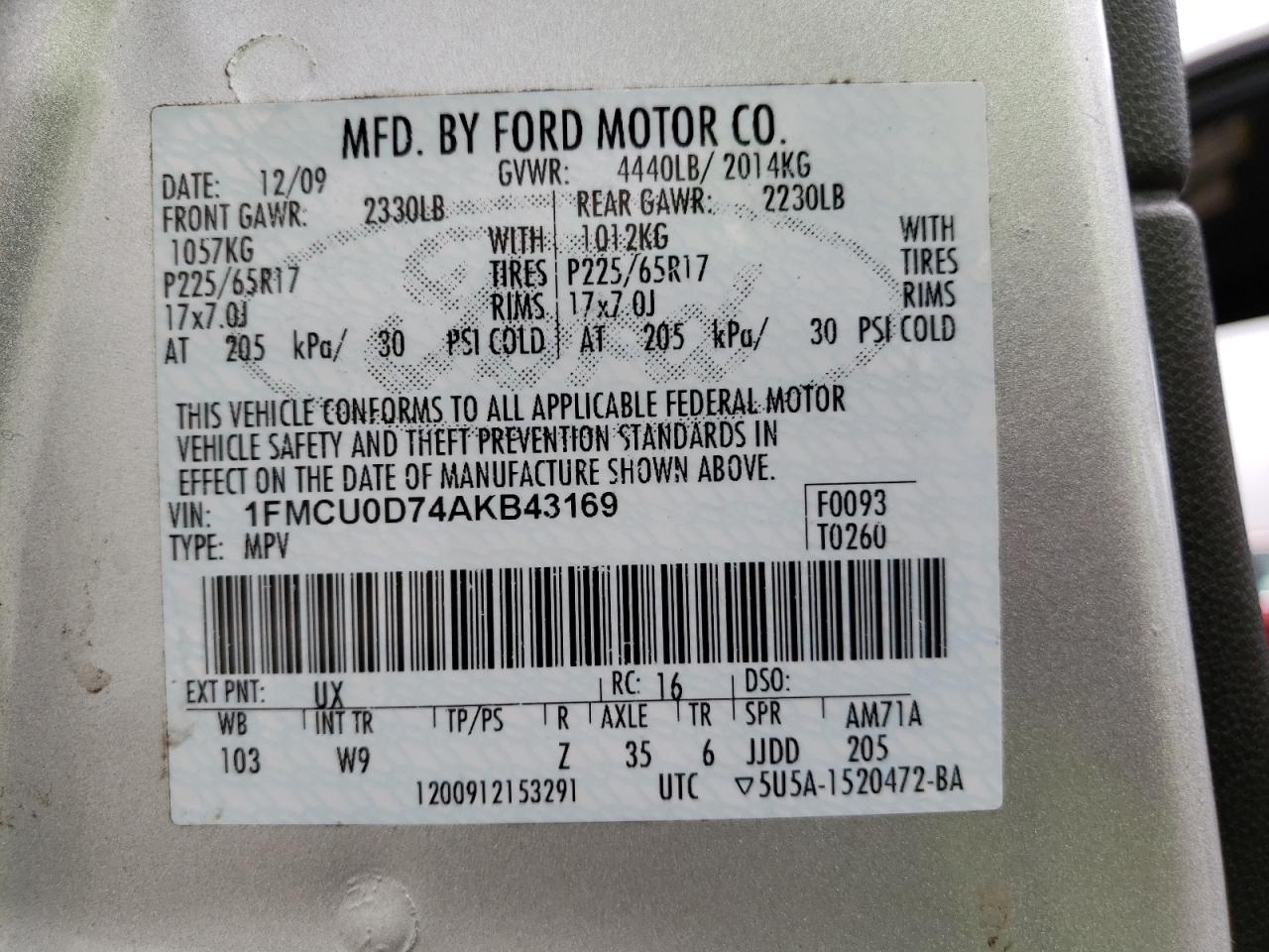 Photo 10 from auction – 2010 FORD ESCAPE XLT with VIN 1FMCU0D74AKB43169