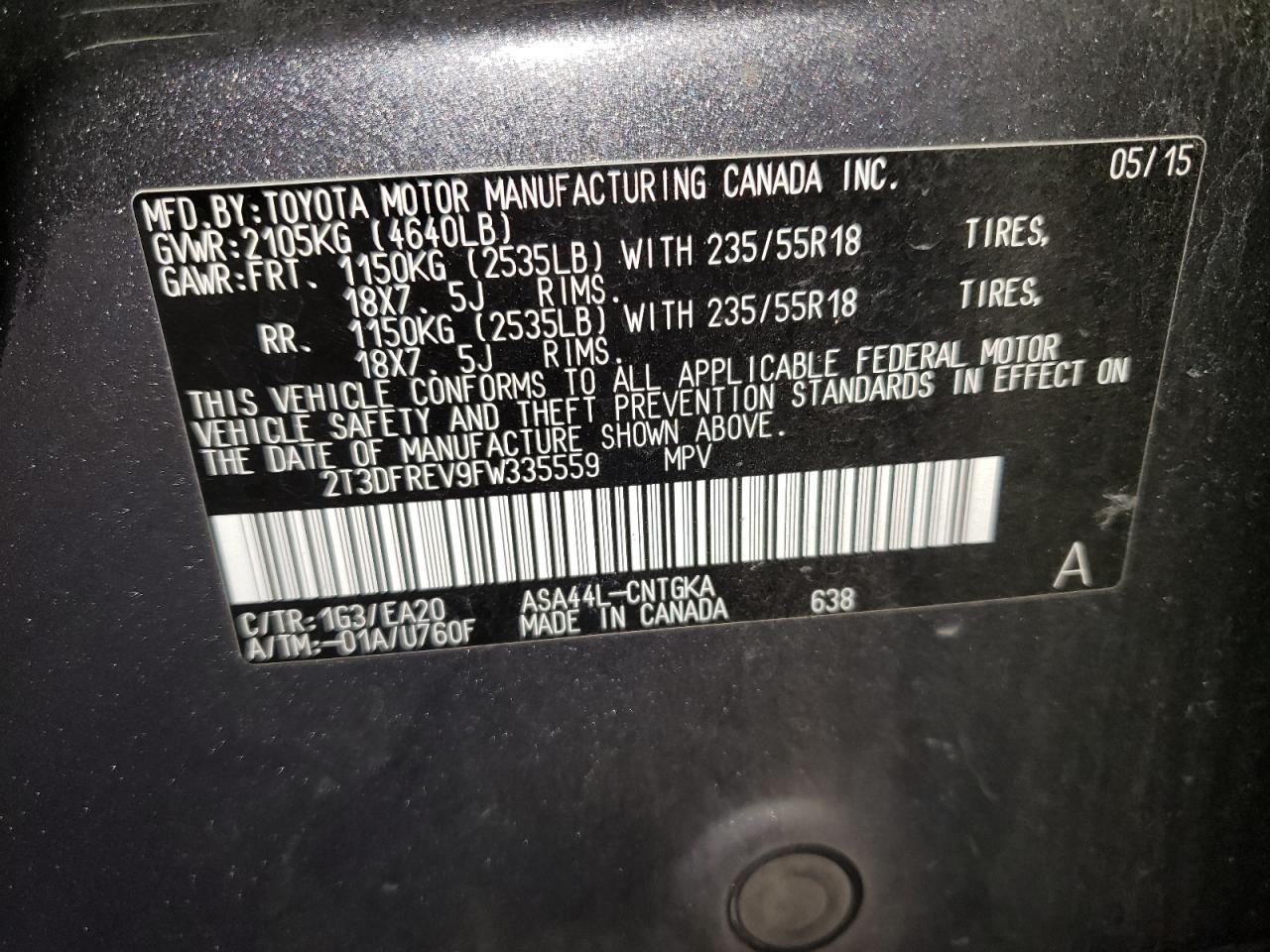 Photo 10 from auction – 2015 TOYOTA RAV4 LIMIT with VIN 2T3DFREV9FW335559