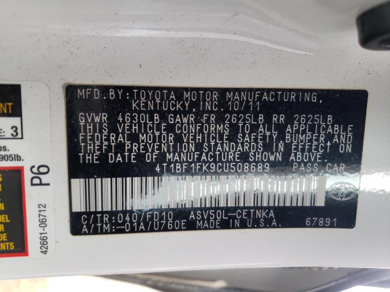 صورة رقم 10 من المزاد - 2012 TOYOTA CAMRY BASE مع VIN 4T1BF1FK9CU508689