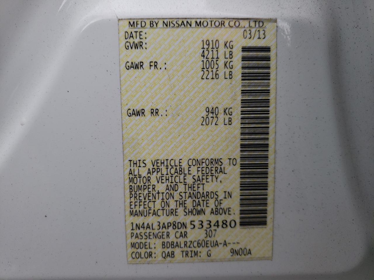 Photo 10 from auction – 2013 NISSAN ALTIMA 2.5 with VIN 1N4AL3AP8DN533480