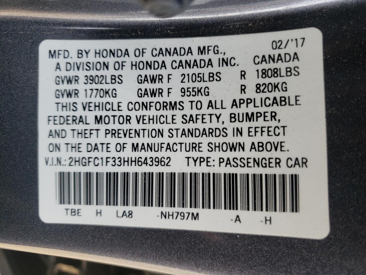 Photo 10 from auction – 2017 HONDA CIVIC EX with VIN 2HGFC1F33HH643962