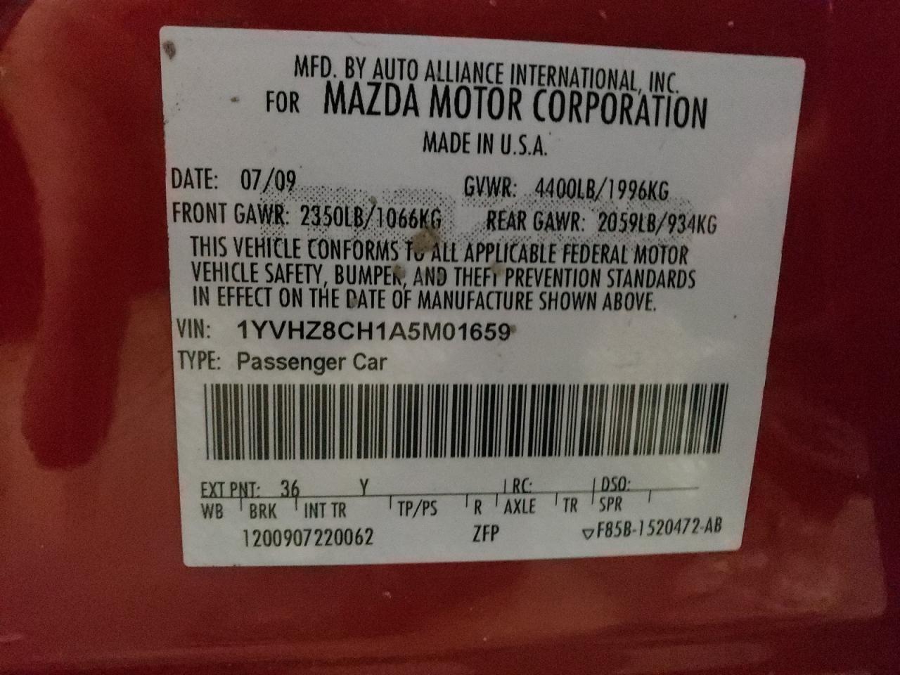 Photo 10 from auction – 2010 MAZDA 6 I with VIN 1YVHZ8CH1A5M01659