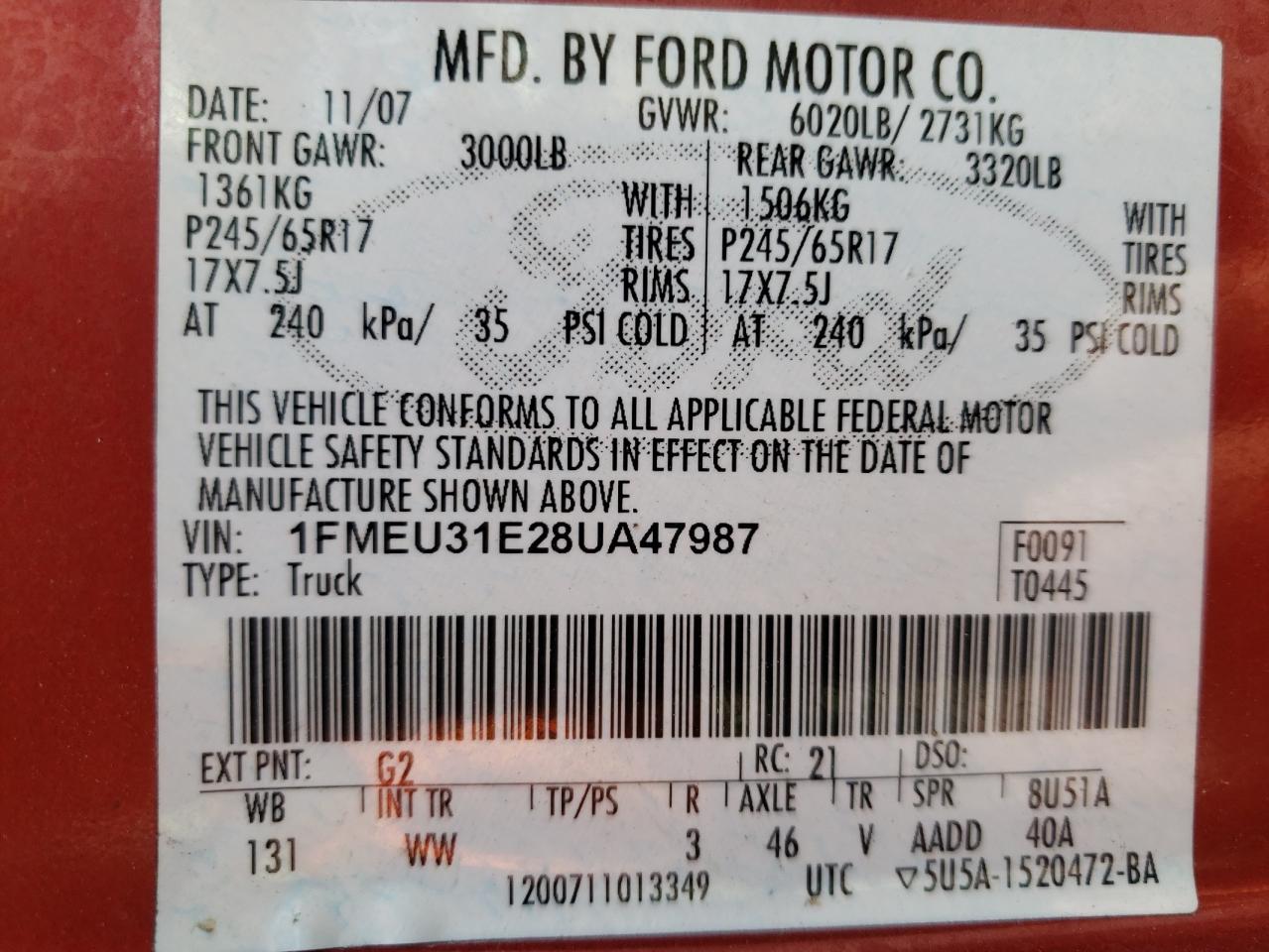 Photo 10 from auction – 2008 FORD EXPLORER S with VIN 1FMEU31E28UA47987