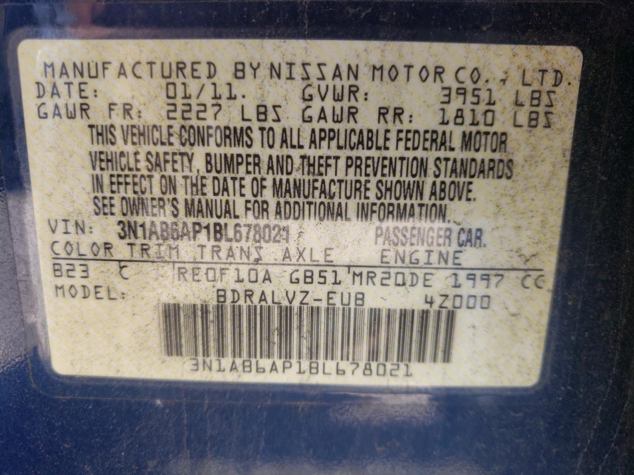 Photo 10 from auction – 2011 NISSAN SENTRA 2.0 with VIN 3N1AB6AP1BL678021