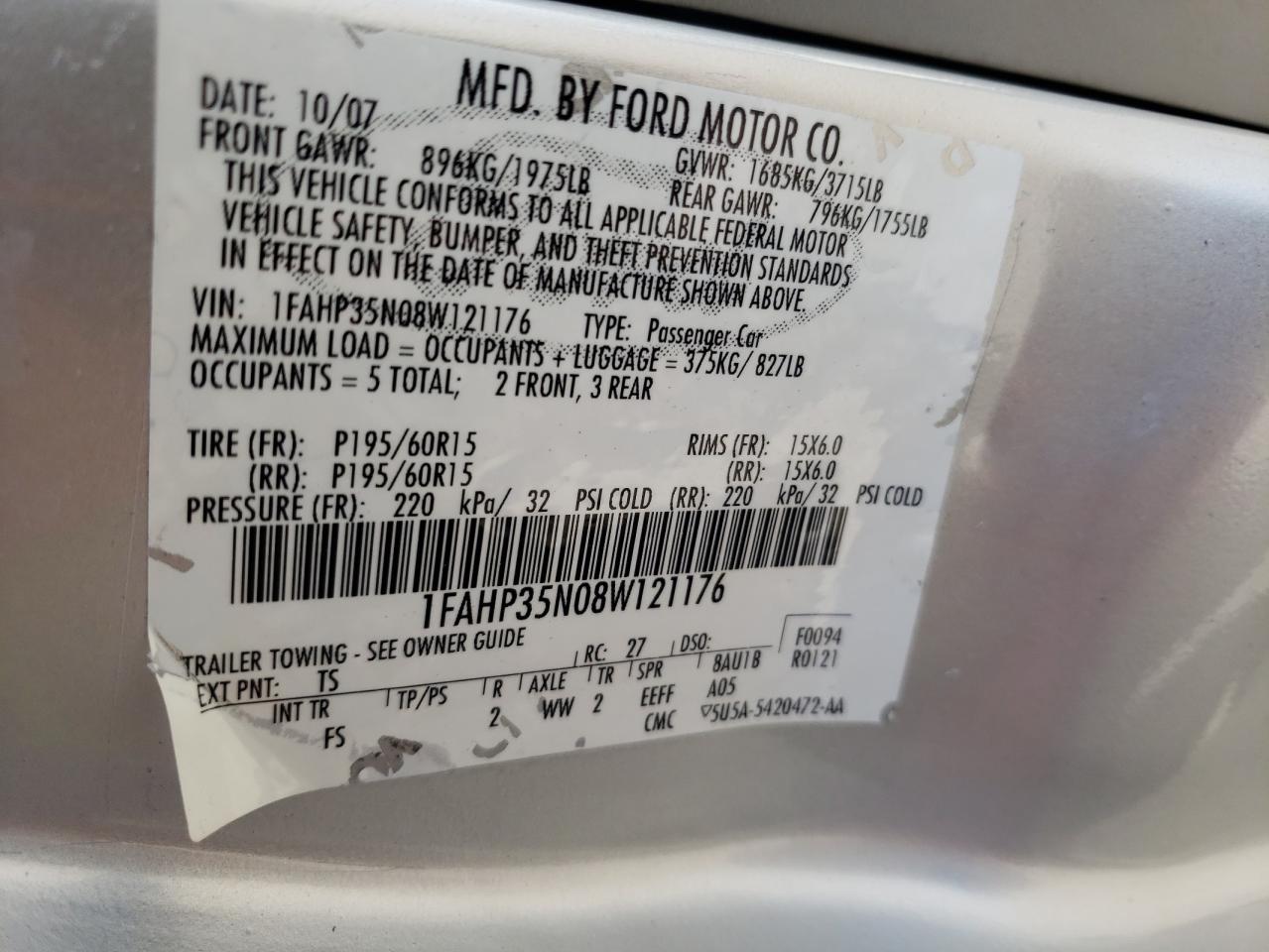 Photo 10 from auction – 2008 FORD FOCUS SE with VIN 1FAHP35N08W121176