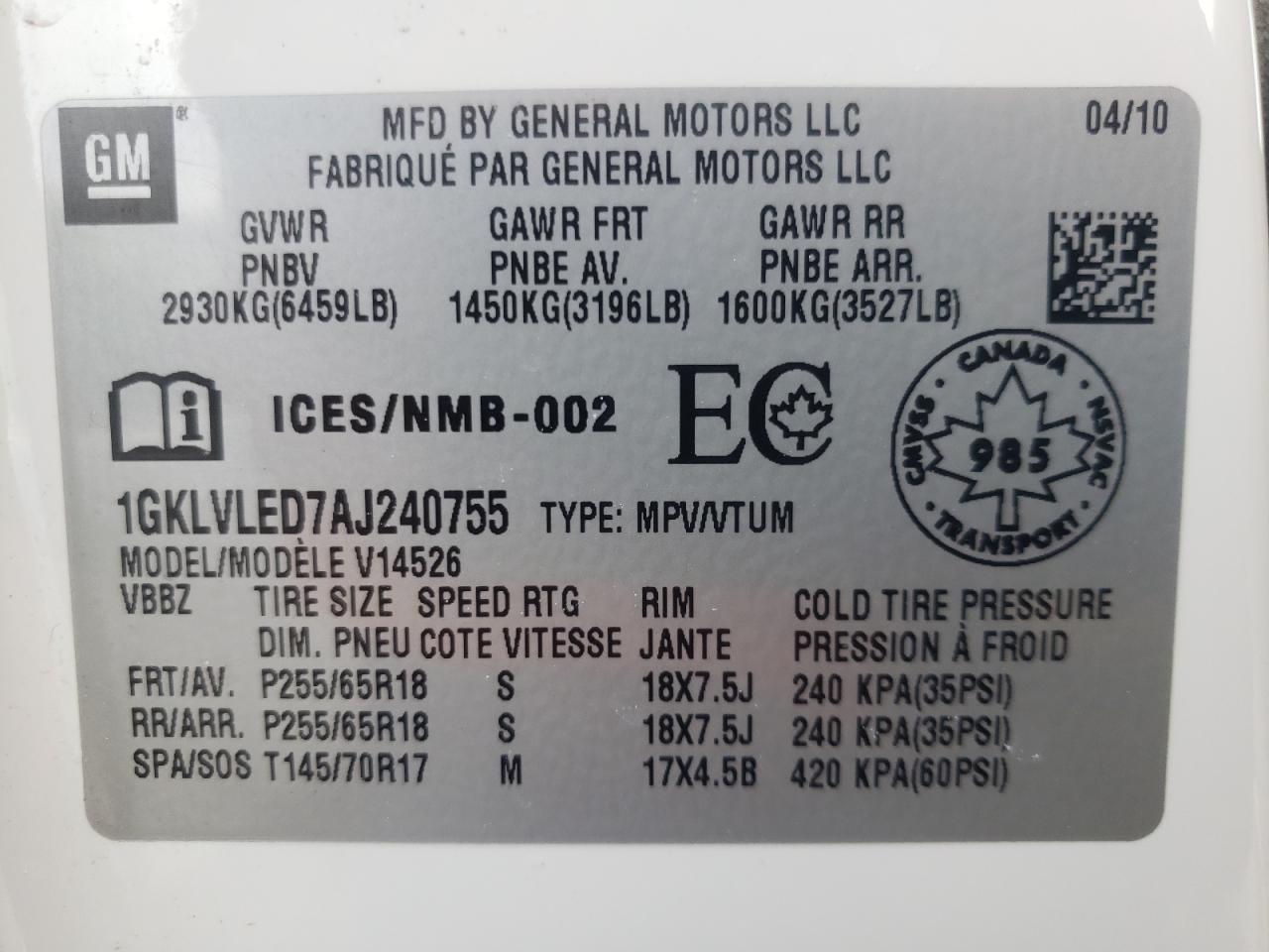 Photo 10 from auction – 2010 GMC ACADIA SLE with VIN 1GKLVLED7AJ240755