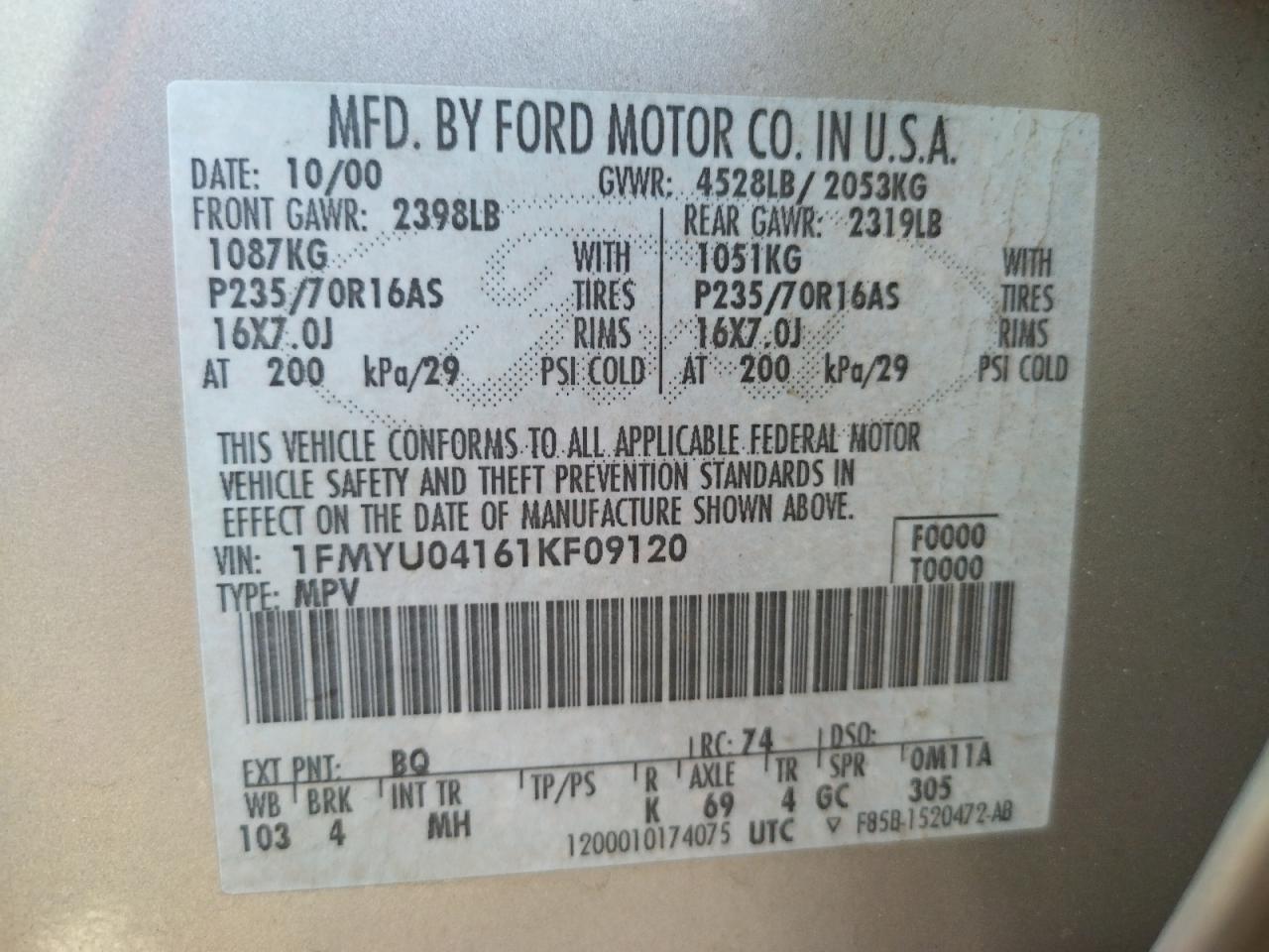 Photo 10 from auction – 2001 FORD ESCAPE XLT with VIN 1FMYU04161KF09120