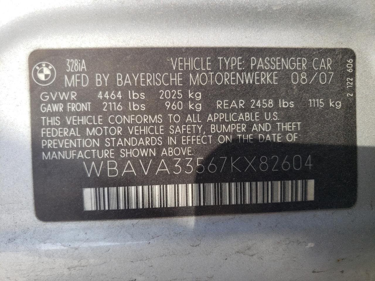 Photo 10 from auction – 2007 BMW 328 I with VIN WBAVA33567KX82604