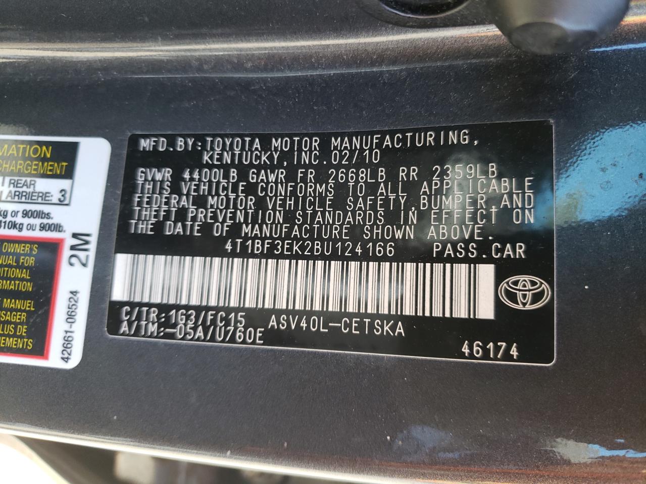 Photo 10 from auction – 2011 TOYOTA CAMRY BASE with VIN 4T1BF3EK2BU124166